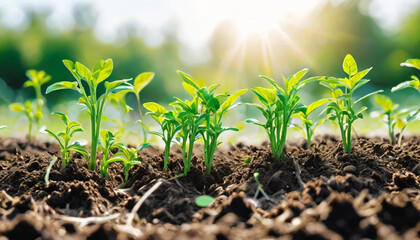 close-up of a young plant sprouting from the soil with blurred garden background
