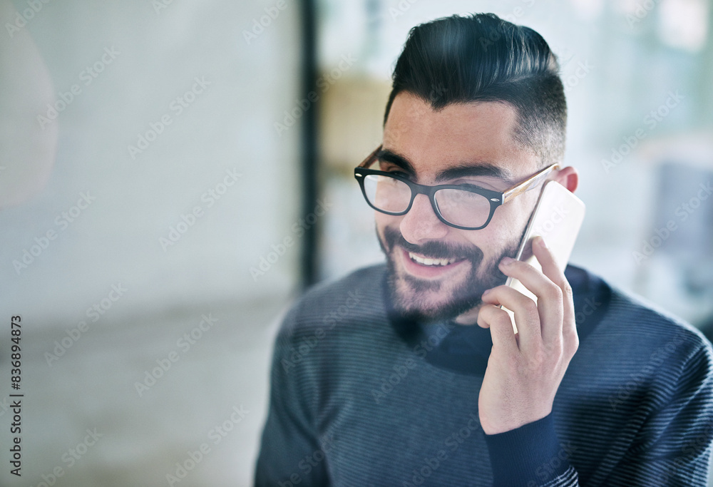 Aufkleber businessman, phone call and networking in office for conversation and communication with smile. happ
