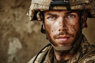Fototapeta premium Closeup of a focused soldier with camouflage paint on his face, wearing military helmet