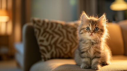 A charming kitten is sitting on the couch, looking curiously at the camera, with plenty of free space for text, in a bright and cozy living room.