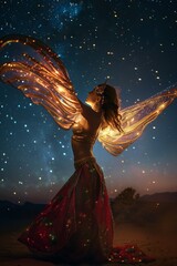Belly dancer adorned with light wings under dazzling starry sky Graceful movements blend with