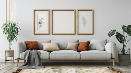 Multi frame mockup, home room interior with sofa, framed wall poster