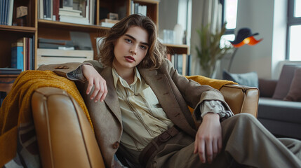 Androgynous individual wearing a mix of traditionally male and female clothing items, posing confidently in a modern, chic interior