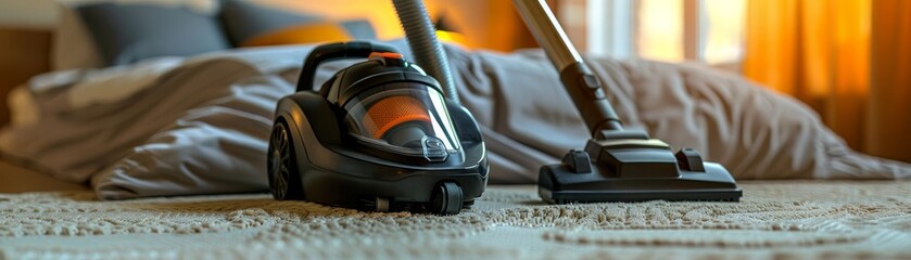 Home care scene with a vacuum cleaner being used on a bed, highlighting effective cleaning techniques for a fresh and hygienic bedroom