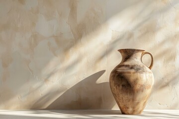 Rustic ceramic vase illuminated by sun rays creating soft shadows on a textured wall backdrop