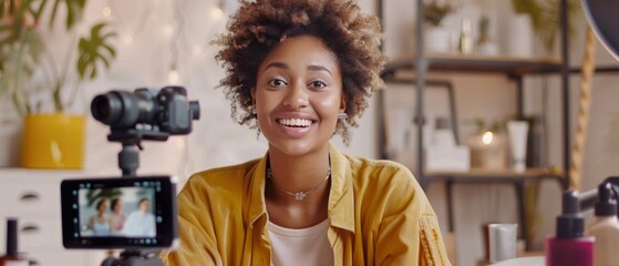 Description: Ultra-sharp vista of a woman blogger filming cosmetics blog with smartphone on tripod