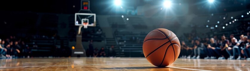 Fototapeta premium Intense sports scene, basketball poised on the court under bright lights with a crowd eagerly watching in the shadows