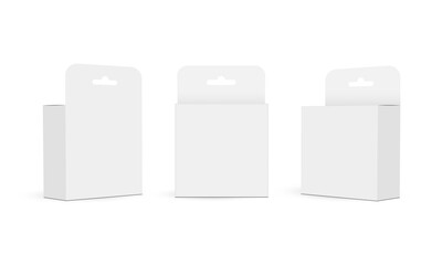 Packaging Boxes With Hanging Holes, Front, Side, Back Side View, Isolated On White Background. Vector Illustration