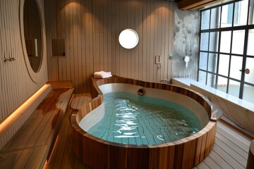 Elegant wooden hot tub in a highend spa bathroom with serene lighting and a relaxing atmosphere