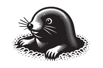 A cute little mole peeks out from a hole. vintage engraving illustration, icon, logo. isolated object. Print hand drawn