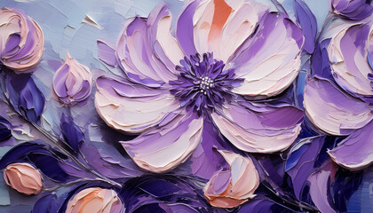 Abstract spring or summer flowers, purple acrylic painting on canvas. Oil painting, brush strokes.