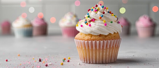 Funfetti Cupcake with Colorful Sprinkles on Kitchen Countertop with Bokeh Background © Funk Design
