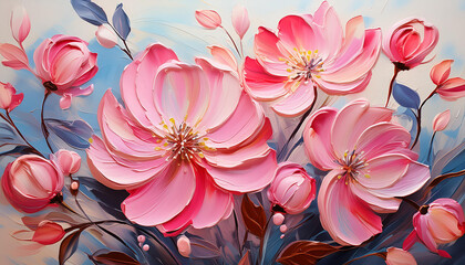 Abstract spring or summer flowers, pink acrylic painting on canvas. Oil painting, brush strokes.