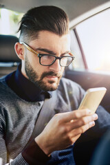 Businessman, cellphone and travel in car for networking, online and research or email. Connection,...