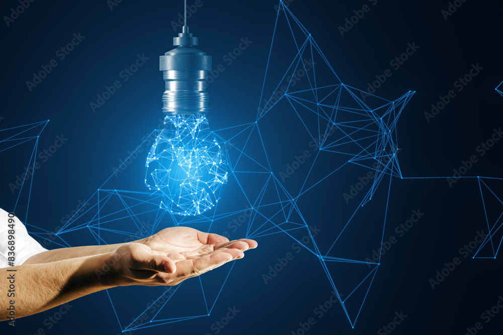 Poster a hand presenting a digital light bulb concept with connected lines on a dark blue background