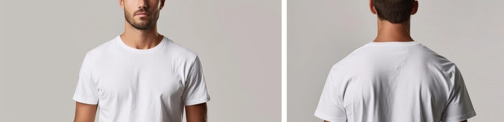 Fototapeta premium Modern apparel display, man wearing a classic white tshirt, both front and rear views, ideal for fashion catalogues