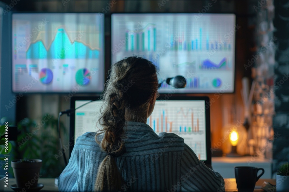 Poster back view of a person reviewing colorful graphs and charts on several monitors in a darkened office 