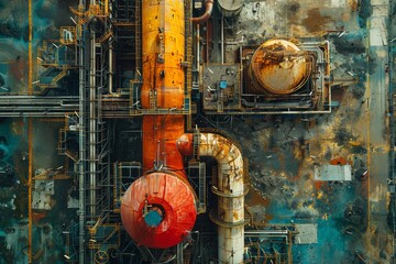 intricate network of pipelines and storage tanks seen from above, showing the vastness and complexity of birds-eye view Oil Reserves in a detailed digital rendering