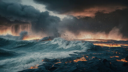 A raging sea meets a field of molten lava. The water boils, crashing into the lava, creating clouds of steam and a mesmerizing glow.