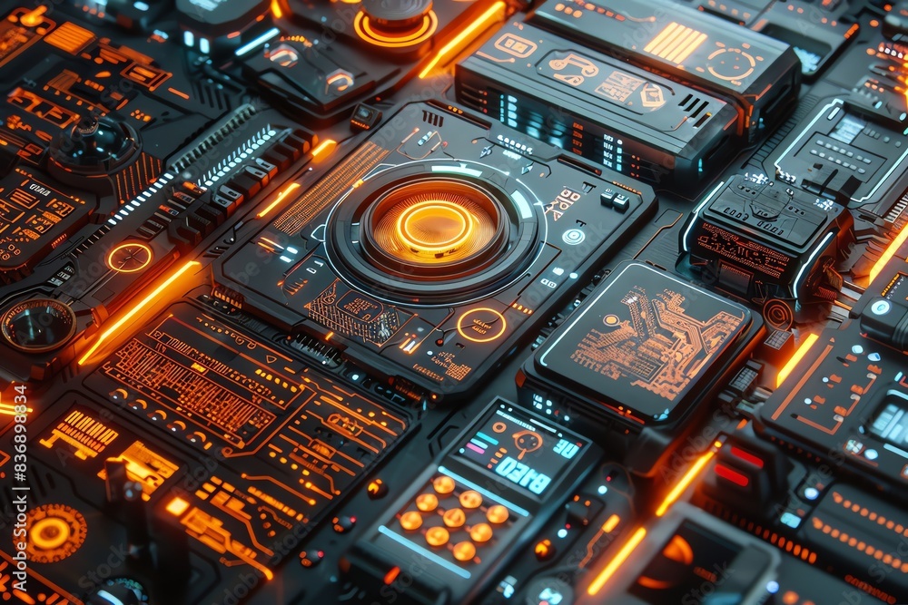 Poster dynamic tilted angle view of educational technology devices in a digital rendering, showcasing sleek