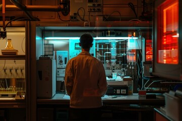 Scientist stands in front of advanced laboratory equipment, analyzing data for research purposes