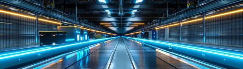 Obraz premium Modern automated warehouse interior, conveyor belts with smart technology and blue neon lights guiding the flow