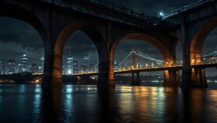 Fototapeta premium The chaos of a daring heist unfolding beneath the flickering lights of a bustling bridge at midnight ai_generated