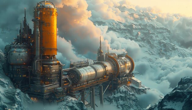 Futuristic industrial facility nestled in snowy mountains with towering structures and cloudy sky, showcasing advanced technology.