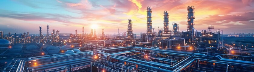 Obraz premium Modern petrochemical complex, evening light, holographic data, precision engineering, clean and efficient energy theme