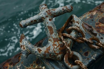 Closeup of a rusty anchor on a weathered surface, evoking maritime history and nautical adventures