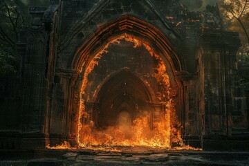 A dramatic scene of an ancient stone archway ablaze with fire, surrounded by an eerie forest