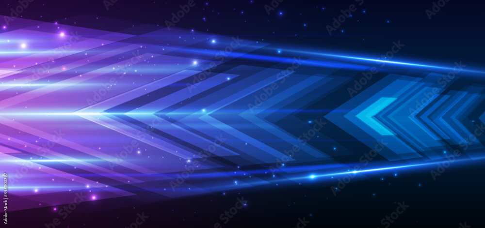 Poster abstract technology futuristic glowing arrow lines neon blue light ray on dark blue background with 