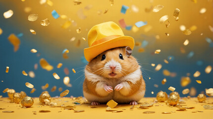 hamster celebration background in yellow, wearing a hat, falling confetti
