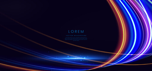 Abstract futuristic glowing neon multi color lines. Hi speed motion moving concept on dark blue background.