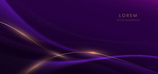Luxury dark purple background with gold line curved and lighting effect sparkle.