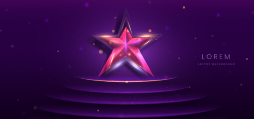 Star glowing purple neon with curved light lines and sparkle on dark purple background. Award concept.