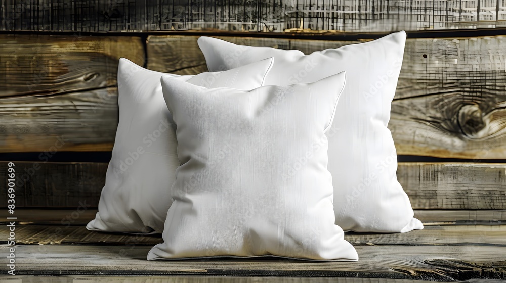Wall mural 2 white square throw pillows mockup on wooden background, one in front of the other, product photography. - Wall murals
