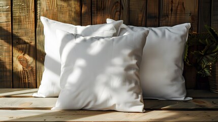 2 white square throw pillows mockup on wooden background, one in front of the other, product photography.