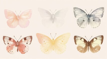 collection six delicate pastel butterflies illustrated soft watercolor style against light background.
