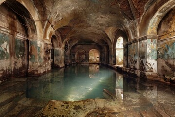 Panoramic view of an ornate, abandoned interior flooded with water, reflecting its decay