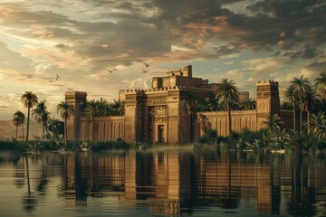 Majestic ancient palace with sunset reflections over tranquil water, surrounded by palm trees and flying birds