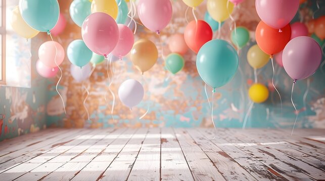 3d backdrop with colorful balloons flying in the air, empty floor