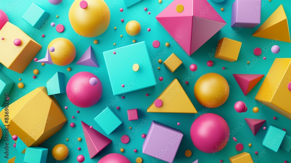 Poster generate a vibrant 3d abstract background featuring floating geometric shapes, including cubes, sphe