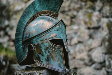 Weathered bronze spartan helmet displayed against a textured stone wall background