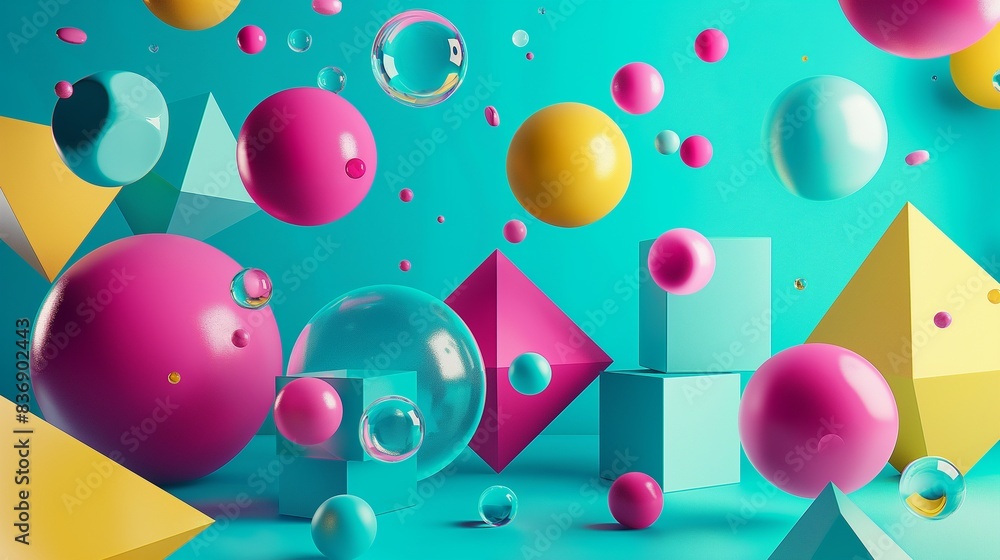 Poster generate a vibrant 3d abstract background featuring floating geometric shapes, including cubes, sphe