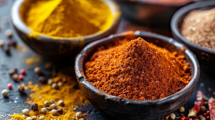 Vibrant Assorted Spices in Black Bowls for Cooking, Recipes, Design for Print, Card, Poster