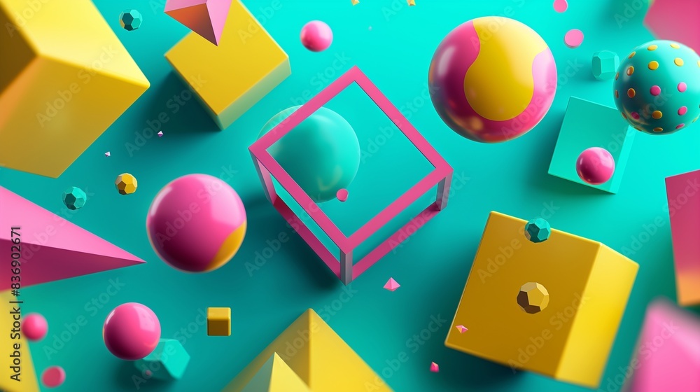 Poster generate a vibrant 3d abstract background featuring floating geometric shapes, including cubes, sphe