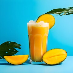 Fresh Tropical Mango Smoothie Tasty Mango Juice in a Glass with Fresh Mangoes on a Blue Background. Perfect Outdoor Tropical Setting with Copy Space for a Refreshing Beverage Presentation