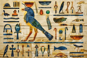 Vibrant depiction of traditional egyptian hieroglyphs featuring a bird, on a textured backdrop