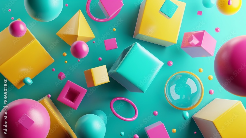 Poster generate a vibrant 3d abstract background featuring floating geometric shapes, including cubes, sphe